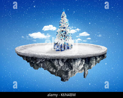 Amazing fantasy scenery with floating islands with white Christmas tree and decoration on falling snow Stock Photo