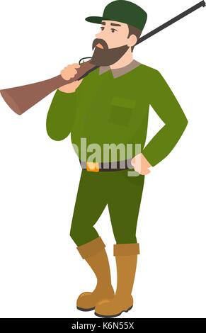 Vector cartoon hunter green uniform hunting rifle Stock Vector