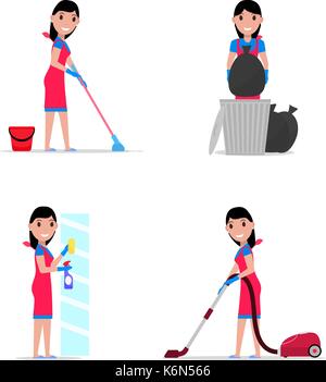 Vector illustration of a set cartoon girl cleaning Stock Vector