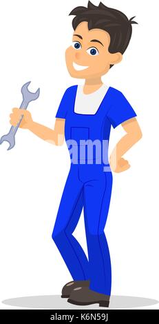 Vector cartoon handyman man wrench Stock Vector
