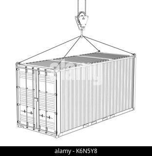 Cargo container hanging on hook of crane Stock Vector