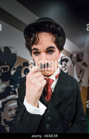 Amsterdam, Netherlands - September 05, 2017: Wax figure of Sir Charles Spencer Charlie Chaplin, English comic actor in Madame Tussauds Wax museum in A Stock Photo