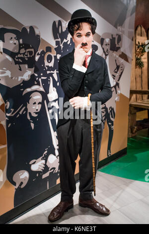 Amsterdam, Netherlands - September 05, 2017: Wax figure of Sir Charles Spencer Charlie Chaplin, English comic actor in Madame Tussauds Wax museum in A Stock Photo