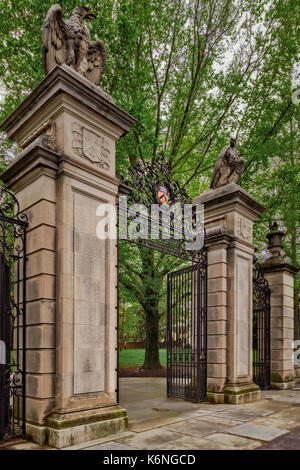 Princeton University Main Entrance Gate -  View to the iron gates and the official insignia at Princeton University's Nassau Street entrance to campus Stock Photo