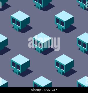 Seamless pattern of cubic skulls on light gray background. Retro design concept, Clipping mask used. Stock Vector