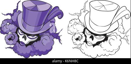 Vector cartoon clip art illustration of a female voodoo mascot with a feathered top hat , skull mask , and billowing smoke. In color and black and whi Stock Vector