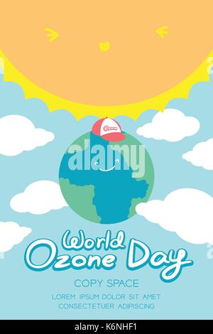 World Ozone Day 16 September vertical Banner set, Global warming concept smile earth with cap protection, sun, sky and cloud illustration isolated on  Stock Vector