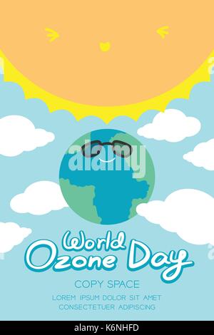 World Ozone Day 16 September vertical Banner set, Global warming concept smile earth with sunglasses protection, sun, sky and cloud illustration isola Stock Vector