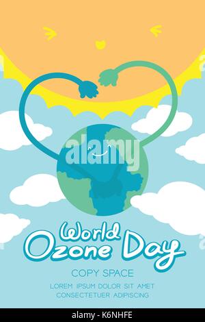 World Ozone Day 16 September vertical Banner set, Global warming concept smile earth with hand heart sign protection, sun, sky and cloud illustration  Stock Vector