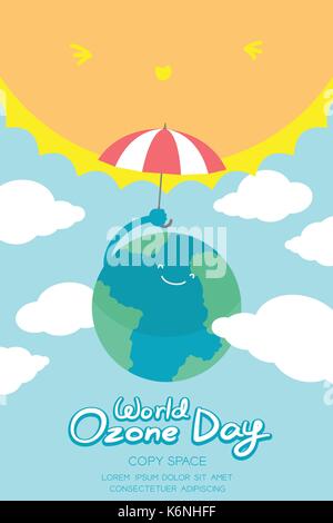 World Ozone Day 16 September vertical Banner set, Global warming concept smile earth with umbrella protection, sun, sky and cloud illustration isolate Stock Vector