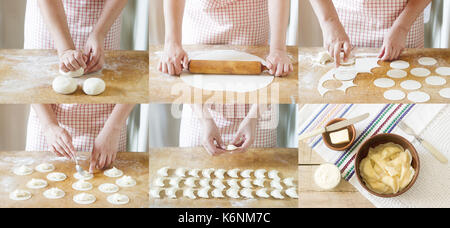 Woman cooking dumplings. Collage of photos with the production of vareniki. Rustic style, selective focus. Stock Photo