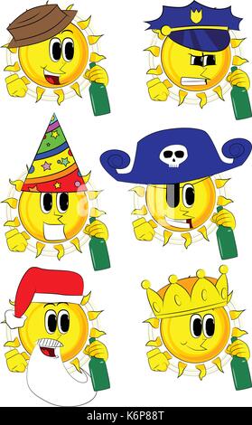 Cartoon sun holding a bottle. Collection with costume. Expressions vector set. Stock Vector