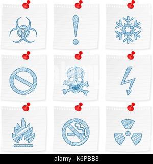 Paper note and drawing warning sign on a white background. Vector illustration. Stock Vector