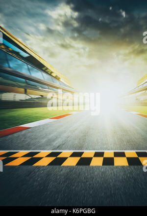 View of the infinity empty asphalt international race track starting or end line, Motion blurred effect. Stock Photo