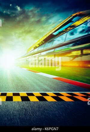 View of the infinity empty asphalt international race track starting or end line, Motion blurred effect. Stock Photo