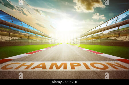 View of the infinity empty asphalt international race track with champion word start line . evening scene . Stock Photo