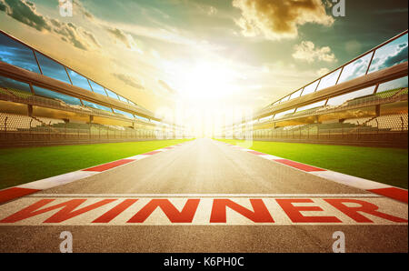 View of the infinity empty asphalt international race track with winner word start line . evening scene . Stock Photo