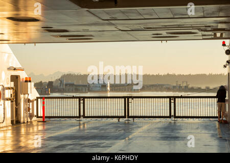 View of Tsawwassen Ferry Terminal from an approaching ferry Stock Photo