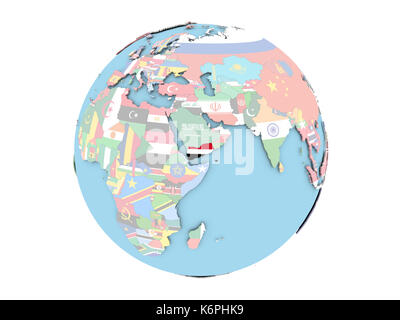 Yemen on political globe with embedded flags. 3D illustration isolated ...