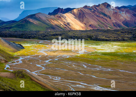 Landmannalaugar is a place in the Fjallabak Nature Reserve in the Highlands of Iceland. It is at the edge of Laugahraun lava field, which was formed i Stock Photo