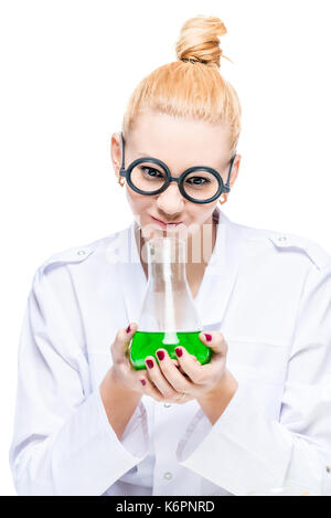 funny crazy chemist with a test tube in his hands isolatedfunny crazy chemist with a test tube in his hands isolated Stock Photo