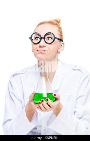smiling blonde in funny glasses posing with a test tube Stock Photo