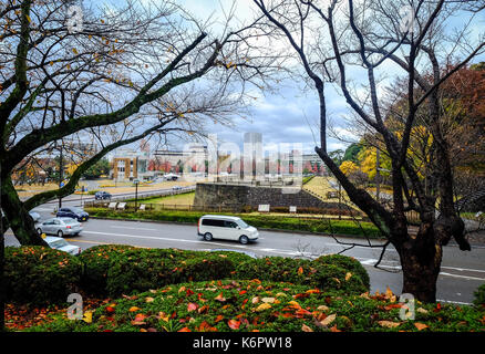 Kanazawa, Japan - Nov 19, 2016. Vehicles on street at downtown in Kanazawa, Japan. Kanazawa is the capital of Ishikawa Prefecture, on Japan central Ho Stock Photo