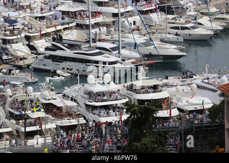 La Condamine, Monaco - May 28, 2016: Luxury Yachts are Parked in the Port Hercule for the Monaco Formula 1 Grand Prix 2016 Stock Photo