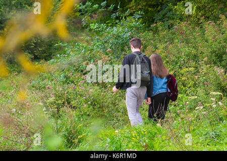 Young couple walking in the countryside holding hands, in the UK. Stock Photo