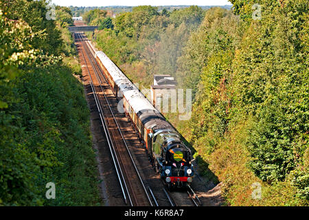 Tonbridge, Kent, UK. 13th Sep, 2017. The special charter train celebrates the Southern Railway's famous Pullman Boat Train, 'The Golden Arrow', which ran from 1929 to 1972. The train, organised by Herfordshire Railtours, ran from London Victoria to Dover and return. The steam locomotive, 35028 'Clan Line' was originally withdrawn from service in 1967 and was purchased by a preservation society for restoration. Clan Line returned to steam in 1974 and is now used to haul prestigious special trains on the mainline. Credit: patrick nairne/Alamy Live News
