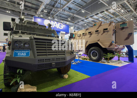 ExCel, London, UK. 13th Sep, 2017. Defence and Security Equipment International (DSEI), the worlds leading global defence and security event runs from 12-15 September 2017 showcasing the latest equipment and systems. Credit: Malcolm Park/Alamy Live News. Stock Photo