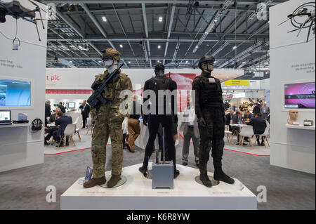ExCel, London, UK. 13th Sep, 2017. Defence and Security Equipment International (DSEI), the worlds leading global defence and security event runs from 12-15 September 2017 showcasing the latest equipment and systems. Credit: Malcolm Park/Alamy Live News. Stock Photo
