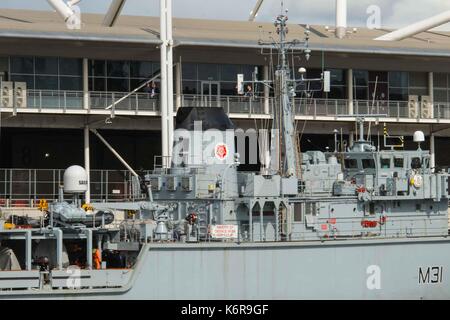 London, UK. 13th Sep, 2017. Naval ships moored at Royal Victoria Dock next to the Excel Arena in East London. Defence and Security Equipment International (DSEI) the worlds leading event that showcases the latest inovation in the global defence and security sector. Open between 12th and 15th September. Credit: claire doherty/Alamy Live News Stock Photo