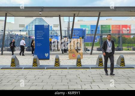 London, UK. 13th Sep, 2017. Security bollards outside the Excel Arena. Defence and Security Equipment International (DSEI) the worlds leading event that showcases the latest inovation in the global defence and security sector. Open between 12th and 15th September. Credit: claire doherty/Alamy Live News Stock Photo