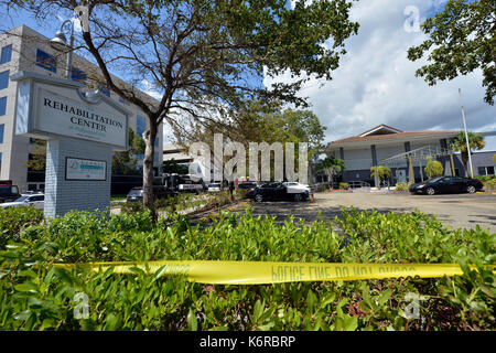 Miami Beach, FL, USA. 13th Sep, 2017. (EXCLUSIVE COVERAGE) ***NO NY DAILIES*** ***EDITORIAL USE ONLY*** ***EDITORIAL USE ONLY*** The Rehabilitation Center at Hollywood Hills, confirmed that it had a prolonged power failure to the transformer which powered the facility's air conditioning system as a result of Extreme Category 5 Hurricane Irma .'Three died at the nursing home, and three others died after being transported to Memorial Healthcare System facilities, city officials said on September 13, 2017 in Hollywood, Florida People: Credit: Mpi122/Media Punch/Alamy Live News Stock Photo