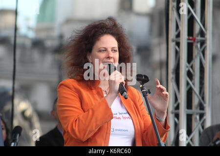 London, UK. 13th Sep, 2017. Singer and conductor Barbara Hoefling speaks at a rally for EU migrants in Trafalgar Square. More than three million EU migrants currently live in the UK, with many fearful of their future after Brexit. Credit: PoliPixUK/Alamy Live News Stock Photo