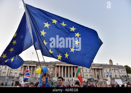 London, UK. 13th Sep, 2017. People gather to attend a rally at Trafalgar Square in London, Britain on Sept. 13, 2017. A rally was held here on Wednesday calling to maintain the rights of the EU citizens in Britain and British citizens in the EU after Brexit. Credit: Stephen Chung/Xinhua/Alamy Live News Stock Photo