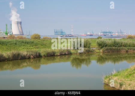 Doel and harbor installations seen from Fort Liefkenshoek, near Antwerp on the left bank of the Scheldt Stock Photo