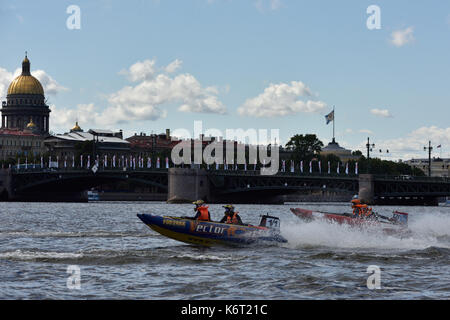 St. Petersburg, Russia - August 15, 2015: Unidentified riders go to the start of the River marathon Oreshek Fortress race. This international motorboa Stock Photo