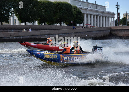 St. Petersburg, Russia - August 15, 2015: Unidentified riders go to the start of the River marathon Oreshek Fortress race. This international motorboa Stock Photo