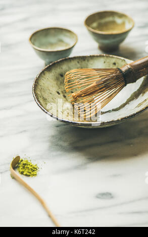 Japanese tools and bowls for brewing matcha tea, copy space Stock Photo