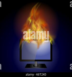 Burning Screen Monitor with Fire Flame Stock Vector