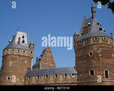 A close up of the facades and towers of a medieval castle in Beersel, Belgium. Stock Photo