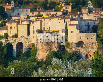 A view of the village of Moustiers-Sainte-Marie, located on a cliff in southern France. Stock Photo