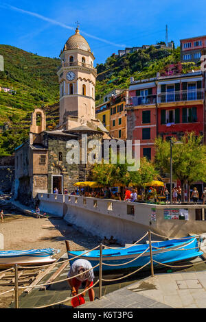 Italy Liguria 5 Terre National park Vernazza View with St.Margherita di Antiochia church Stock Photo