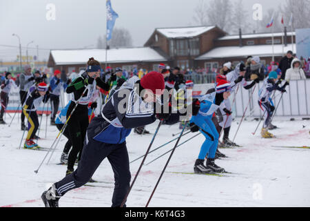 St. Petersburg, Russia - February 11, 2017: People on the start of the mass ski race Ski Track of Russia. The race is held annually since 1982 Stock Photo