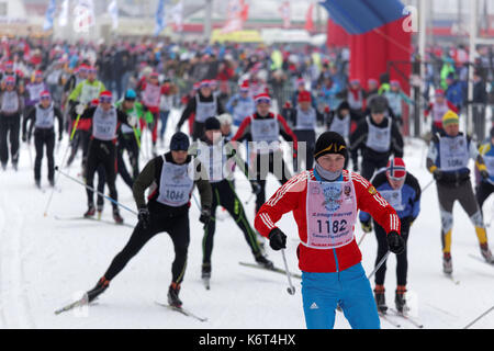 St. Petersburg, Russia - February 11, 2017: People on the start of the mass ski race Ski Track of Russia. The race is held annually since 1982 Stock Photo