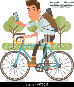 Generation Y, Millennial riding on a bike and fallowed by a drone in the park Stock Vector