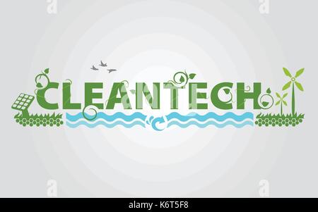 Illustrated Cleantech Industry Title Showing Solar, Wind and Hydro Energy Visually Connected in One Scene with Large Letters. Stock Vector