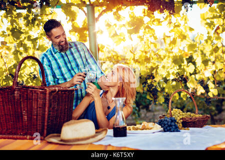 Beautiful smiling couple having picnic and tasting wine at a vineyard. Stock Photo